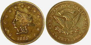 Private gold $20 piece California, 1855