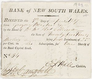 Receipt issued by Bank of New South Wales to Gregory Blaxland, 1817