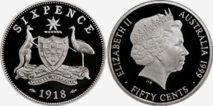 50 cents 1999 1918 Sixpence Australia