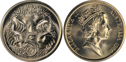 5 cents 1986 Low Echidna Australia