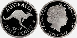 5 cents 1999 Proof 1939 Half Penny Silver