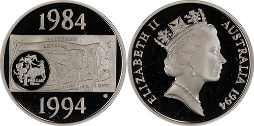 1 dollar 1994 10th anniversary Segmented reeding