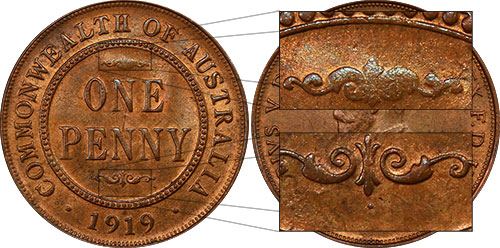 Penny 1919 Dot below lower scroll Australian Coin