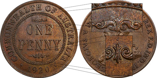 Penny 1920 Dot above lower scroll Australian Coin