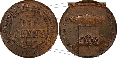 Penny 1920 Dot above top scroll Australian Coin