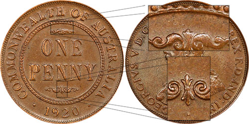 Penny 1920 Dot below lower scroll Australian Coin